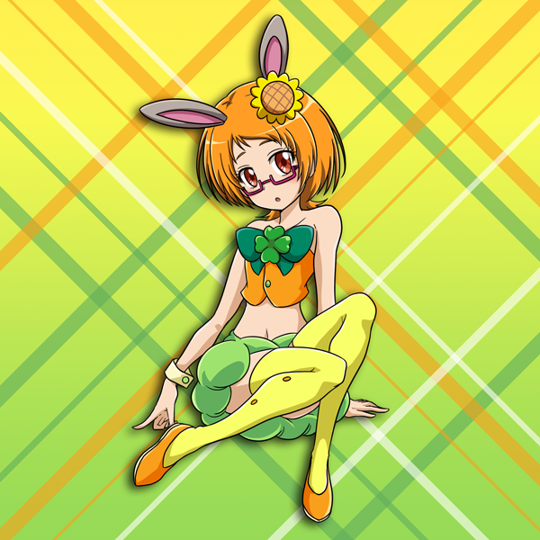 1girl animal_ears bangs blonde_hair brown_eyes flower glasses gradient gradient_background green_background green_skirt hair_flower hair_ornament looking_at_viewer midriff miniskirt navel niita orange_footwear precure pumps rabbit_ears red-framed_eyewear semi-rimless_eyewear shiny shiny_hair shirabe_ako short_hair skirt solo stomach striped suite_precure sunflower_hair_ornament swept_bangs thigh-highs under-rim_eyewear wrist_cuffs yellow_background yellow_legwear zettai_ryouiki