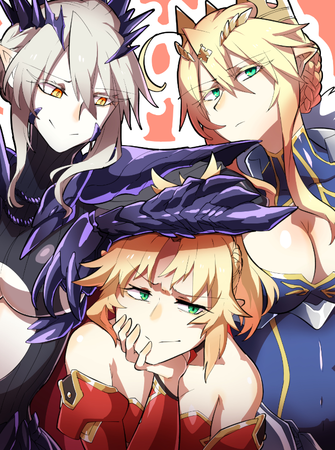 3girls artoria_pendragon_(all) artoria_pendragon_(lancer) artoria_pendragon_(lancer_alter) bangs blue_leotard braid breasts cape crown fate/apocrypha fate/grand_order fate_(series) french_braid green_eyes hair_between_eyes hair_ornament hair_scrunchie horns large_breasts leotard mordred_(fate) mordred_(fate)_(all) multiple_girls ponytail red_cape red_scrunchie revealing_clothes scrunchie sidelocks swept_bangs takatsuki_nato under_boob yellow_eyes