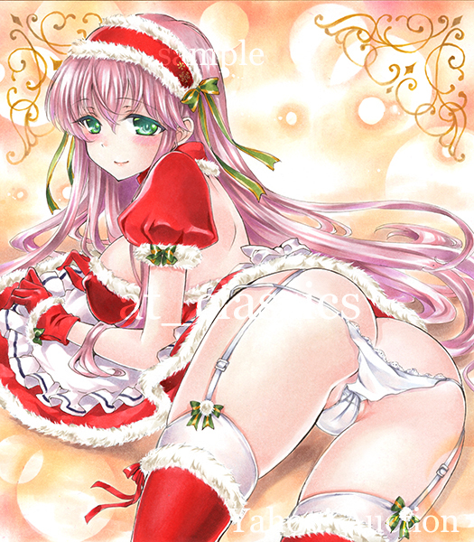 ass at_classics breasts garter_straps gloves green_eyes large_breasts long_hair maid original pink_hair thigh-highs very_long_hair