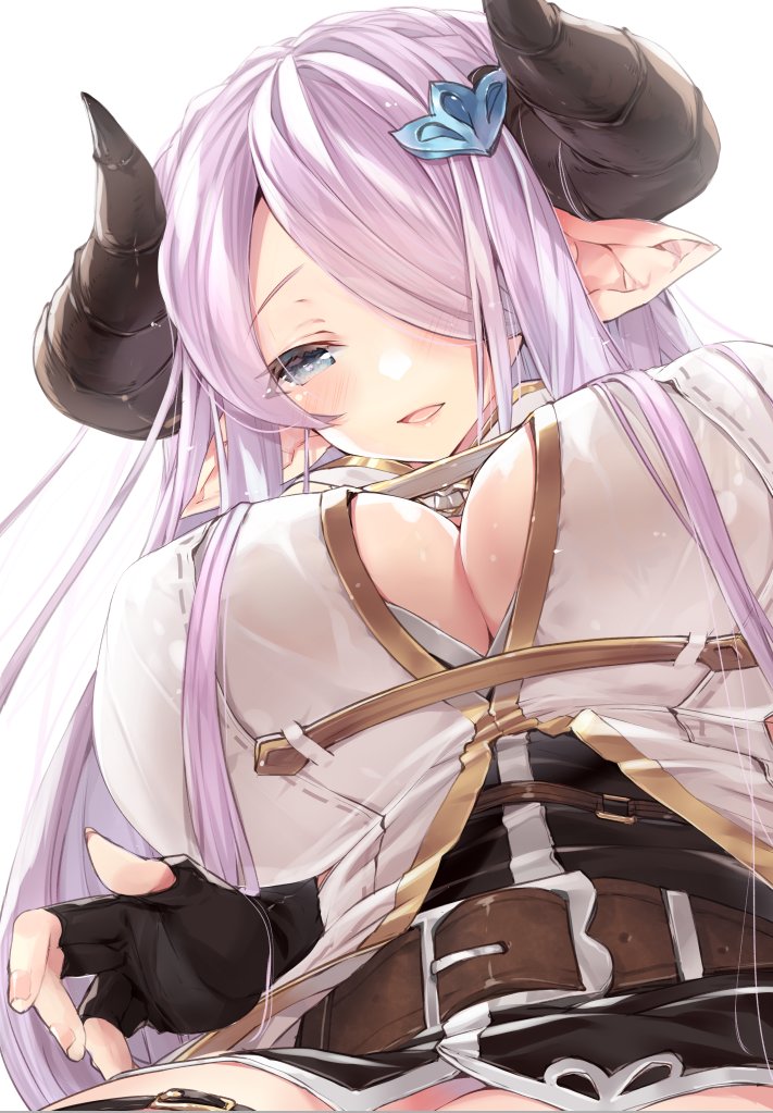 1girl 218 black_gloves blue_eyes blush breasts cleavage_cutout commentary_request curled_horns draph fingerless_gloves from_below gloves granblue_fantasy hair_ornament hair_over_one_eye horns large_breasts lavender_hair long_hair narmaya_(granblue_fantasy) pointy_ears simple_background smile solo white_background