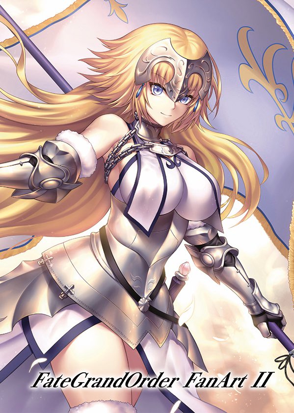 1girl armor armored_dress banner blonde_hair braid chain fate/grand_order fate_(series) faulds flag gauntlets headpiece jeanne_d'arc_(fate) jeanne_d'arc_(fate)_(all) long_hair nasaniliu plackart smile standard_bearer thigh-highs title very_long_hair violet_eyes