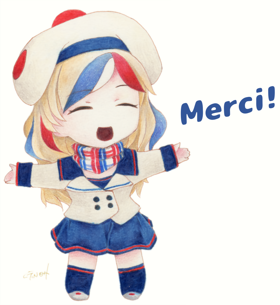 artist_name bangs beret blonde_hair chibi closed_eyes commandant_teste_(kantai_collection) double-breasted dress eyebrows_visible_through_hair french_text hat jacket kantai_collection long_hair millipen_(medium) multicolored multicolored_clothes multicolored_hair multicolored_scarf open_mouth plaid plaid_scarf pom_pom_(clothes) redhead scarf socks streaked_hair swept_bangs tesun_(g_noh) traditional_media watercolor_pencil_(medium) wavy_hair white_background