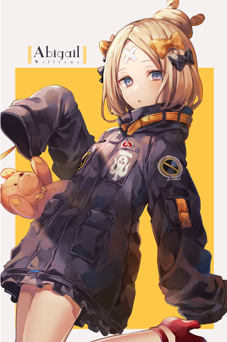1girl abigail_williams_(fate/grand_order) bandaid_on_forehead bangs black_bow black_jacket blonde_hair blue_eyes blush border bow breasts character_name crossed_bandaids fate/grand_order fate_(series) forehead hair_bow hair_bun heroic_spirit_traveling_outfit high_collar jacket long_hair long_sleeves looking_at_viewer multiple_bows open_mouth orange_belt orange_bow parted_bangs polka_dot polka_dot_bow red_footwear sleeves_past_fingers sleeves_past_wrists small_breasts stuffed_animal stuffed_toy teddy_bear thighs white_border yellow_background yunohito