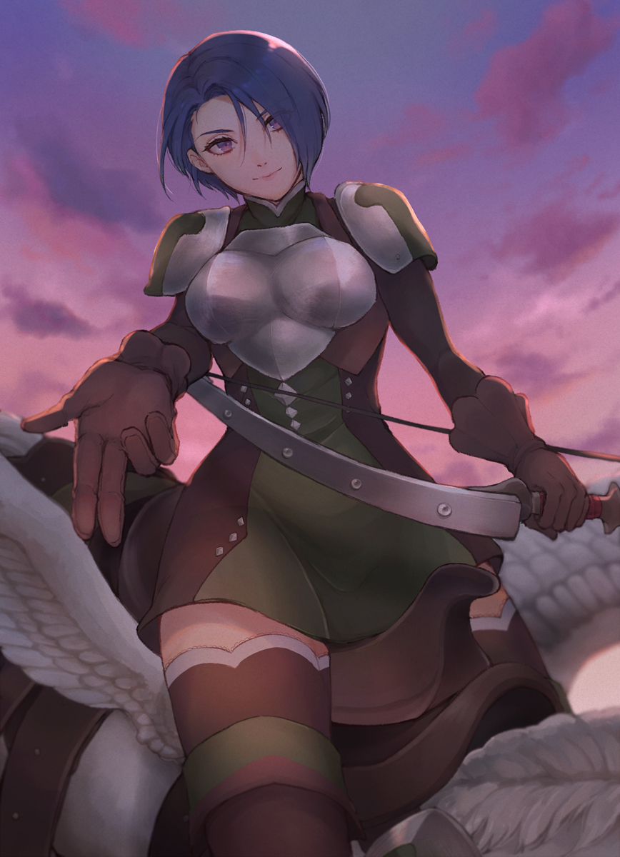 1girl alternate_costume armor blue_hair boots bow_(weapon) clouds cloudy_sky dress feathered_wings feathers fire_emblem fire_emblem:_three_houses gloves hair_over_one_eye highres namerow_chang shamir_nevrand sky solo thigh-highs violet_eyes weapon wings