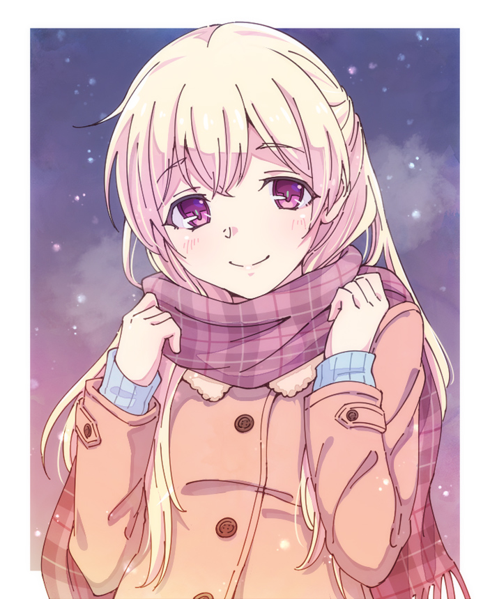 1girl bang_dream! bangs blonde_hair breath brown_coat brown_scarf coat e20 half_updo hands_up long_hair long_sleeves looking_at_viewer plaid plaid_scarf scarf shirasagi_chisato smile snowing solo upper_body violet_eyes winter_clothes