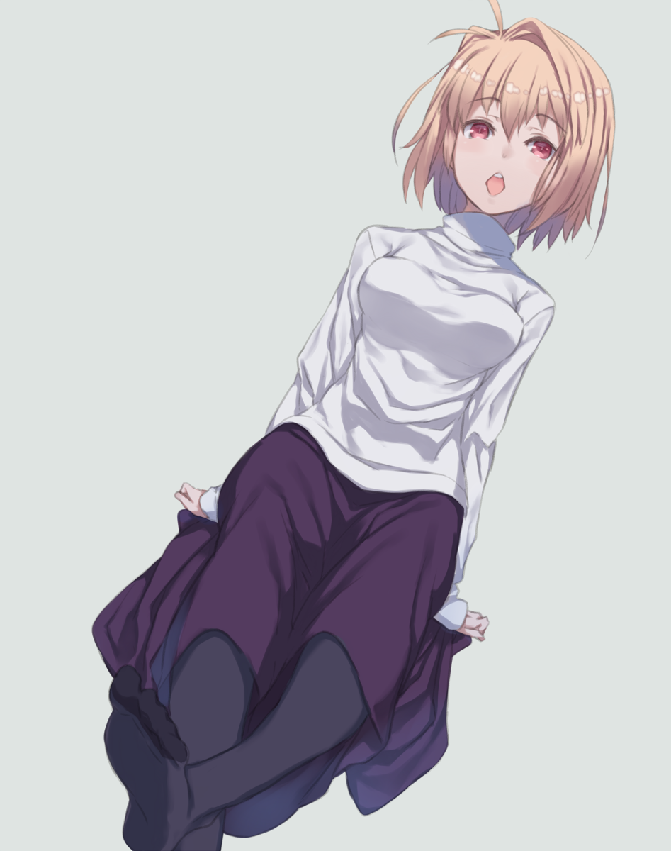 1girl ahoge arcueid_brunestud auru_t black_legwear blonde_hair blush breasts feet hair_intakes happy highres large_breasts long_skirt long_sleeves melty_blood open_mouth pantyhose purple_skirt red_eyes short_hair sitting skirt solo sweater tsukihime turtleneck type-moon vampire