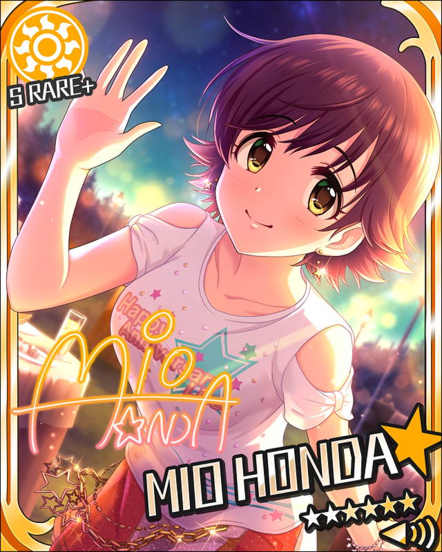 blush brown_eyes brown_hair character_name honda_mio idolmaster idolmaster_cinderella_girls shirt short_hair smile stars