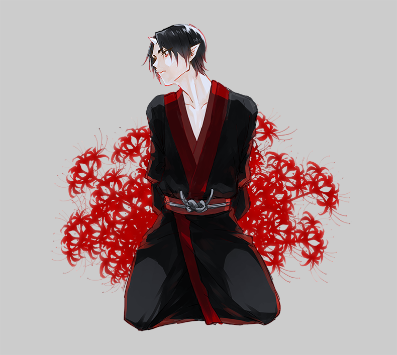 1boy anny99943 black_hair chinese_lantern_(plant) frown full_body hoozuki_(hoozuki_no_reitetsu) hoozuki_no_reitetsu japanese_clothes looking_to_the_side male_focus oni_horn pointy_ears red_eyes simple_background sitting solo
