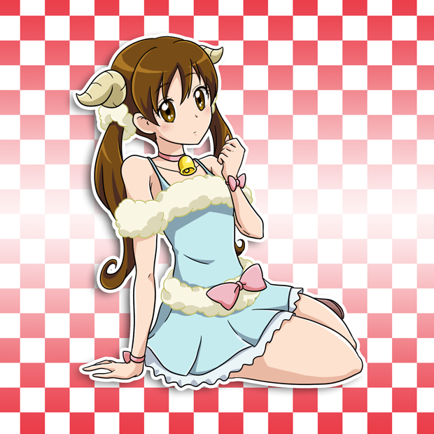 1girl arm_support bangs bell blue_shirt blue_skirt bow brown_eyes brown_hair checkered checkered_background closed_mouth eyebrows_visible_through_hair full_body fur-trimmed_shirt hair_between_eyes hair_ornament hair_scrunchie horns layered_skirt long_hair miniskirt niita pink_bow pleated_skirt precure precure_all_stars_new_stage:_mirai_no_tomodachi sakagami_ayumi scrunchie shiny shiny_hair shirt sitting skirt sleeveless sleeveless_shirt solo twintails white_scrunchie wrist_bow