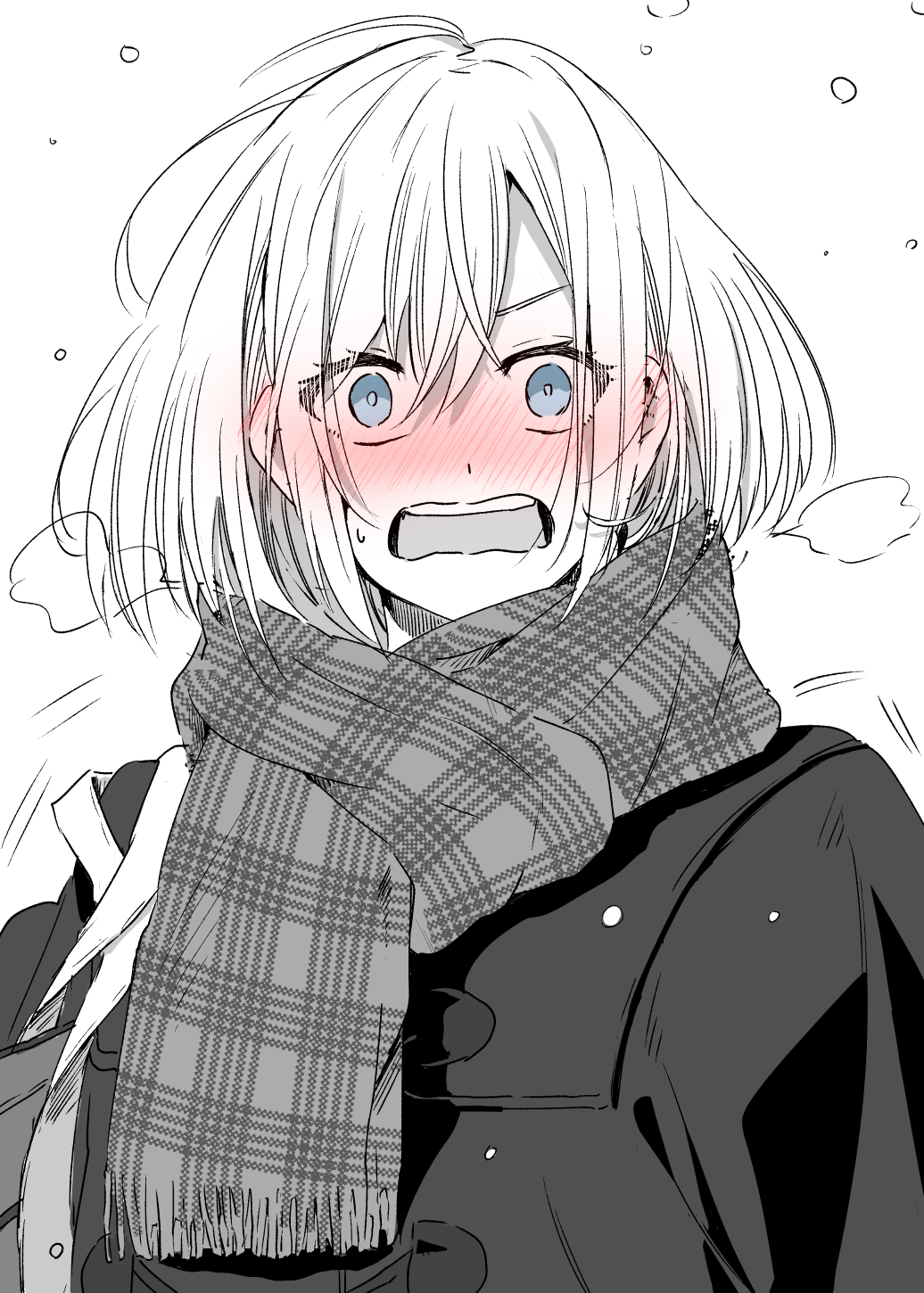 1girl ahoge bag blue_eyes blush check_commentary coat commentary_request ear_blush embarrassed eyes_visible_through_hair full-face_blush highres holding holding_bag looking_at_viewer motion_lines open_mouth original plaid plaid_scarf pov scarf shiime snowing solo spot_color surprised upper_body white_background