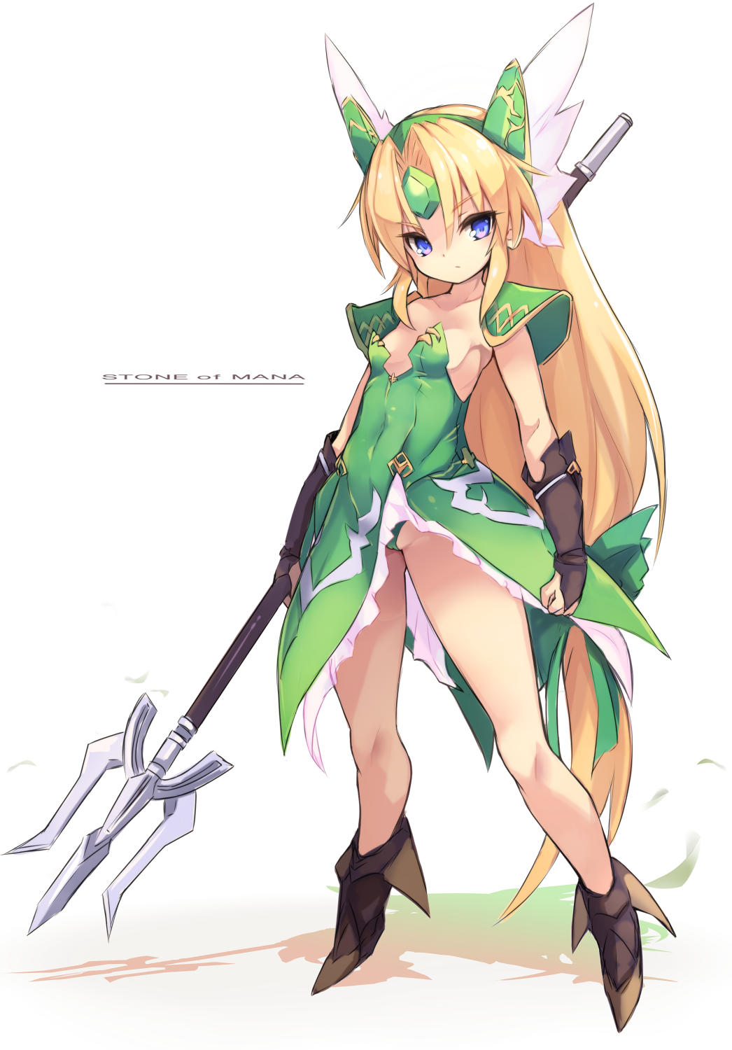 1girl bangs black_footwear blonde_hair boots breasts bridal_gauntlets closed_mouth collarbone commentary_request dress eyebrows_visible_through_hair forehead_jewel frilled_dress frills full_body green_dress green_hairband groin hair_between_eyes hairband highres holding holding_spear holding_weapon karukan_(monjya) long_hair looking_at_viewer parted_bangs pauldrons polearm riesz seiken_densetsu seiken_densetsu_3 shadow small_breasts solo spear standing strapless strapless_dress very_long_hair violet_eyes weapon white_background