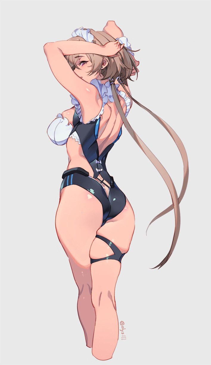 1girl arms_up ass bare_legs breasts brown_hair cropped_legs frills from_behind grey_background highres honkai_(series) honkai_impact_3rd large_breasts leotard long_hair looking_back low_twintails maid_headdress mole mole_under_eye olys profile rita_rossweisse shoulder_blades simple_background skindentation solo standing thigh_strap twintails twitter_username very_long_hair