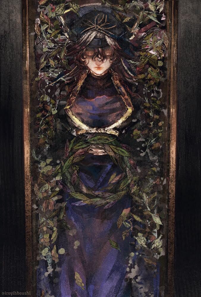 1girl blue_dress brown_hair closed_eyes coffin dress hair_between_eyes iroyihboushi lipstick long_hair makeup original plant red_lipstick solo twitter_username