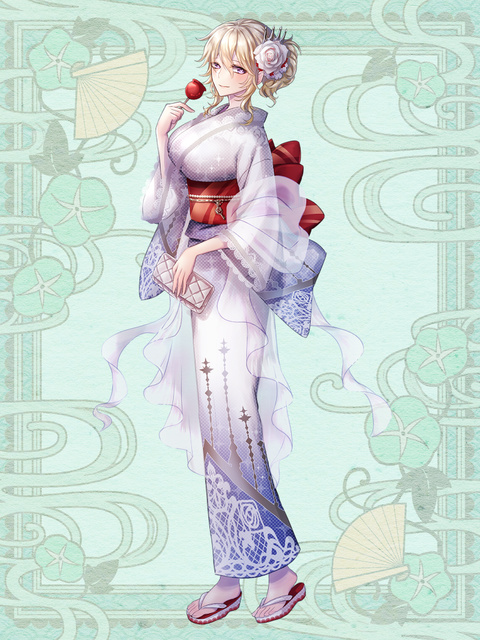 1girl blonde_hair blue_background candy_apple commission flower food full_body hair_flower hair_ornament hi-na1 holding holding_food japanese_clothes kerberos_blade kimono looking_at_viewer obi sandals sash solo standing wallet white_kimono