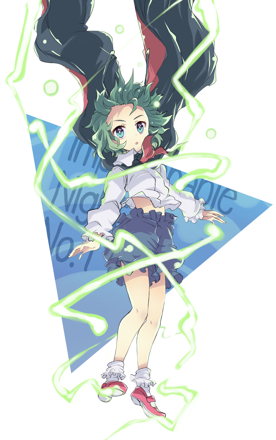 1girl aqua_eyes bare_legs blouse blue_eyes cape electricity green_hair highres imperishable_night light_particles lightning_bolt looking_at_viewer open_mouth pants shirt shoes solo suichuu_hanabi touhou triangle white_blouse white_shirt wriggle_nightbug