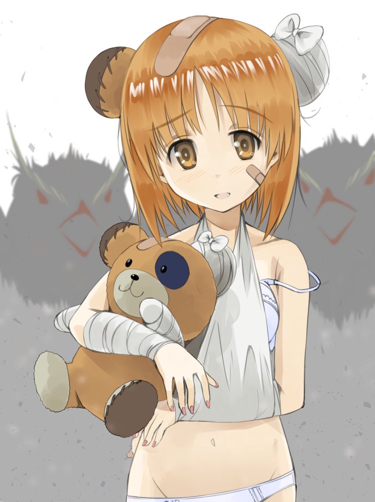 1girl animal_ears arm_sling bandaged_arm bandages bandaid bangs bear_ears bird blurry blurry_background boko_(girls_und_panzer) boko_(girls_und_panzer)_(cosplay) bra brown_eyes brown_hair commentary cosplay eyebrows_visible_through_hair fake_animal_ears girls_und_panzer holding holding_stuffed_animal light_blush looking_at_viewer navel nishizumi_miho open_mouth panties penguin short_hair smile solo standing strap_slip stuffed_animal stuffed_toy teddy_bear underwear underwear_only white_bra white_panties yurikuta_tsukumi