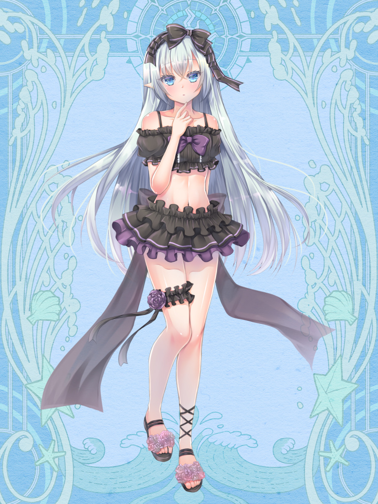 1girl artist_request black_bow black_skirt blue_background blue_eyes bow commission dairoku_youhei frilled_skirt frills full_body long_hair looking_at_viewer midriff navel neju_laurent pointy_ears puffy_short_sleeves puffy_sleeves purple_bow sandals short_sleeves silver_hair skirt solo standing thigh_strap very_long_hair