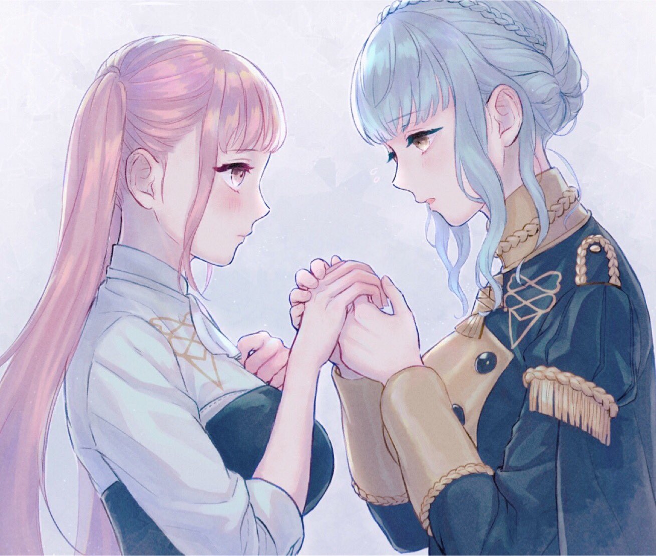 2girls blue_hair braid brown_eyes closed_mouth crown_braid fire_emblem fire_emblem:_three_houses from_side garreg_mach_monastery_uniform hilda_valentine_goneril holding_hands long_hair long_sleeves marianne_von_edmund multiple_girls n2ewu open_mouth pink_eyes pink_hair twintails uniform upper_body