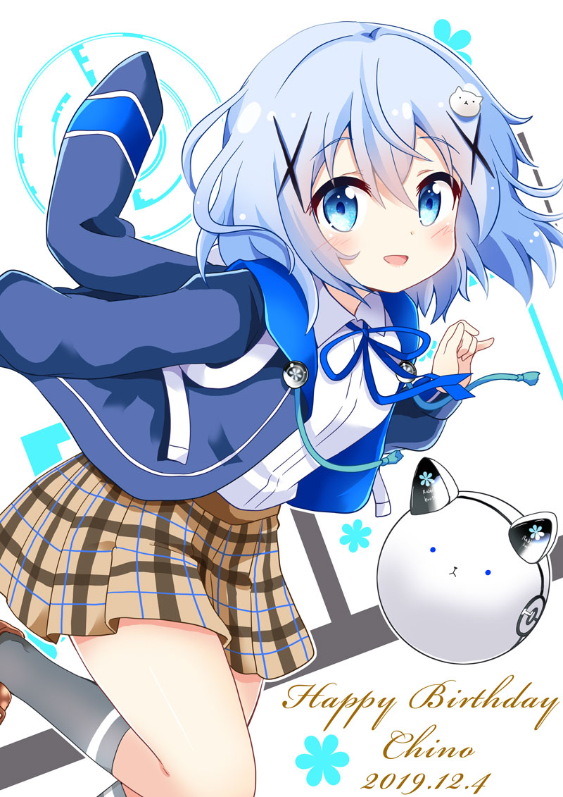 1girl bangs blue_eyes blue_hair blue_jacket blush brown_footwear character_name clockwork_rabbit commentary dated eyebrows_visible_through_hair gochuumon_wa_usagi_desu_ka? grey_legwear hair_between_eyes hair_ornament happy_birthday jacket kafuu_chino kneehighs long_sleeves looking_at_viewer massala open_clothes open_jacket outline plaid plaid_skirt pleated_skirt shirt shoes short_hair simple_background skirt solo tippy_(gochiusa) white_outline white_shirt x_hair_ornament