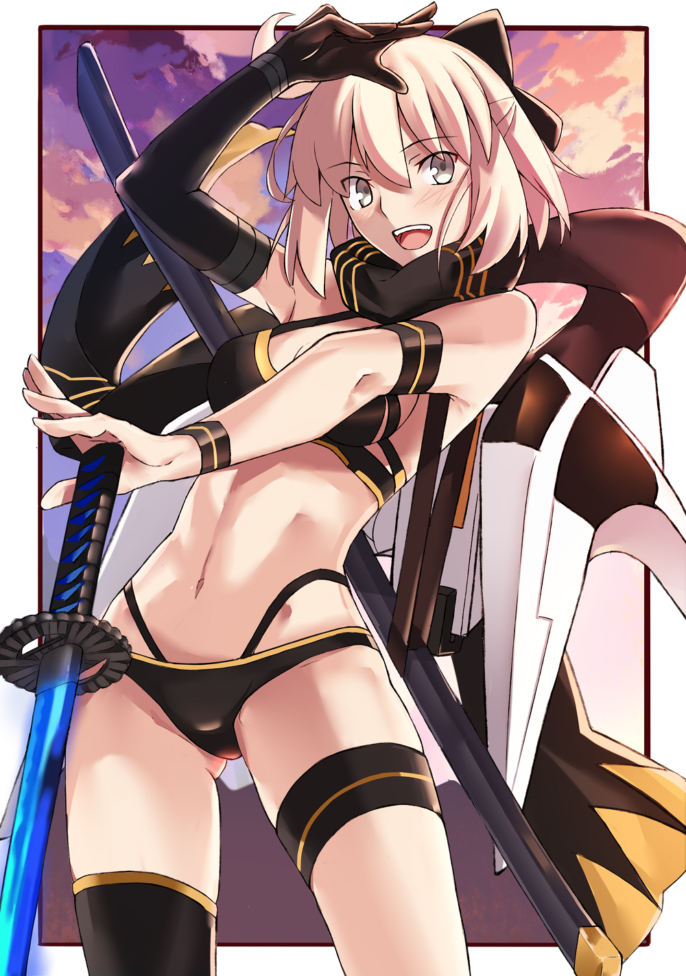 1girl :d ahoge arm_strap arm_up ass_visible_through_thighs bare_shoulders bikini black_bikini black_gloves black_legwear black_scarf blonde_hair blush breasts brown_eyes clouds cloudy_sky elbow_gloves fate/grand_order fate_(series) gloves highres holding holding_sword holding_weapon katana leaning_back looking_at_viewer multi-strapped_bikini navel okita_souji_(fate) okita_souji_(fate)_(all) open_mouth scarf sheath short_hair single_glove single_thighhigh sky small_breasts smile solo stomach sweatband swimsuit sword thigh-highs thigh_strap unsheathed upper_teeth weapon yuchio