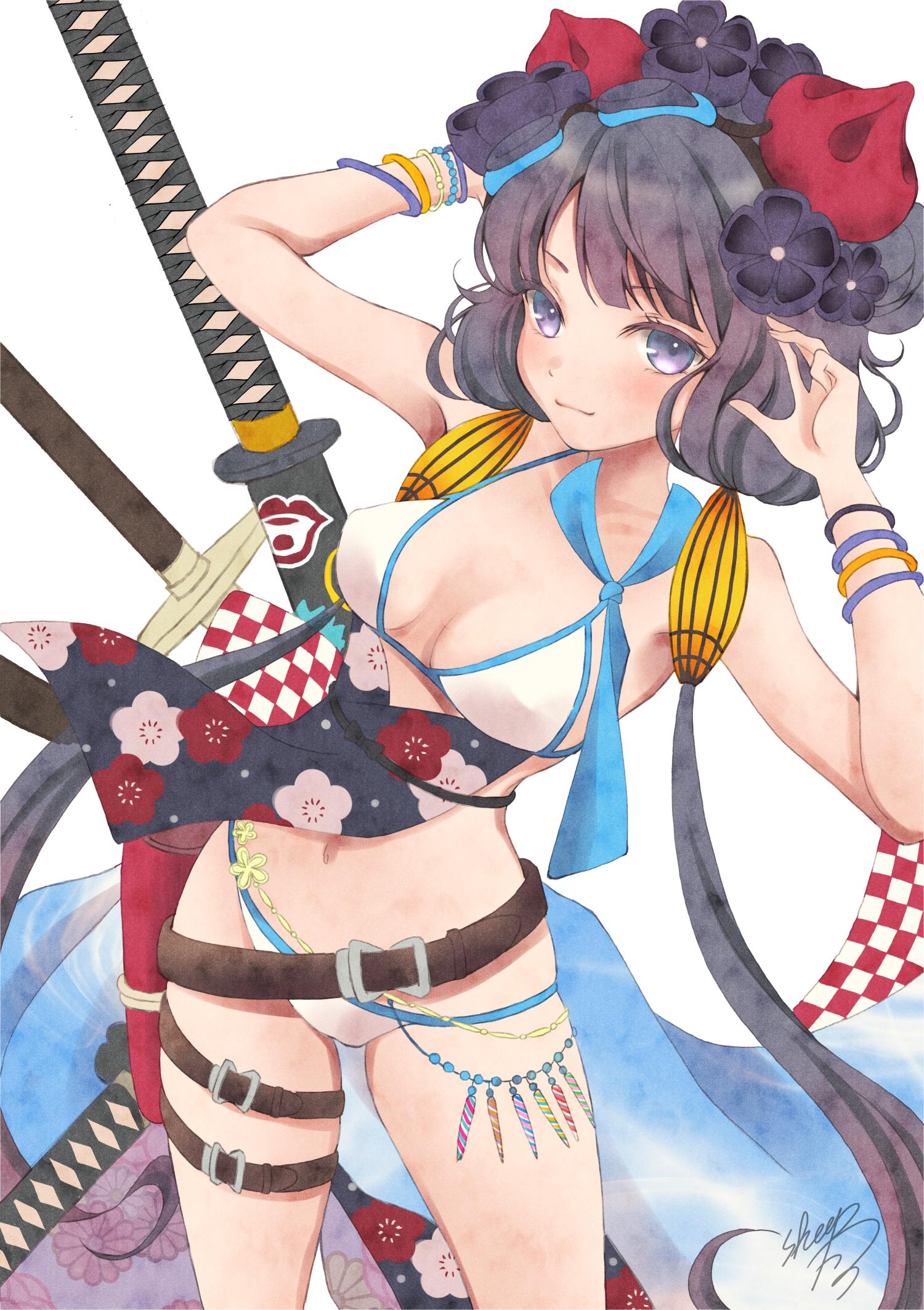 1girl artist_name belt bikini black_belt black_flower bracelet breasts closed_mouth commentary_request fate/grand_order fate_(series) flower goggles goggles_on_head hair_flower hair_ornament hands_in_hair highres jewelry katsushika_hokusai_(fate/grand_order) katsushika_hokusai_(swimsuit_saber)_(fate) leg_belt long_hair looking_at_viewer medium_breasts multiple_swords navel purple_hair sheepd short_hair signature simple_background smile solo standing string_bikini swimsuit thigh_strap very_long_hair violet_eyes white_background white_bikini