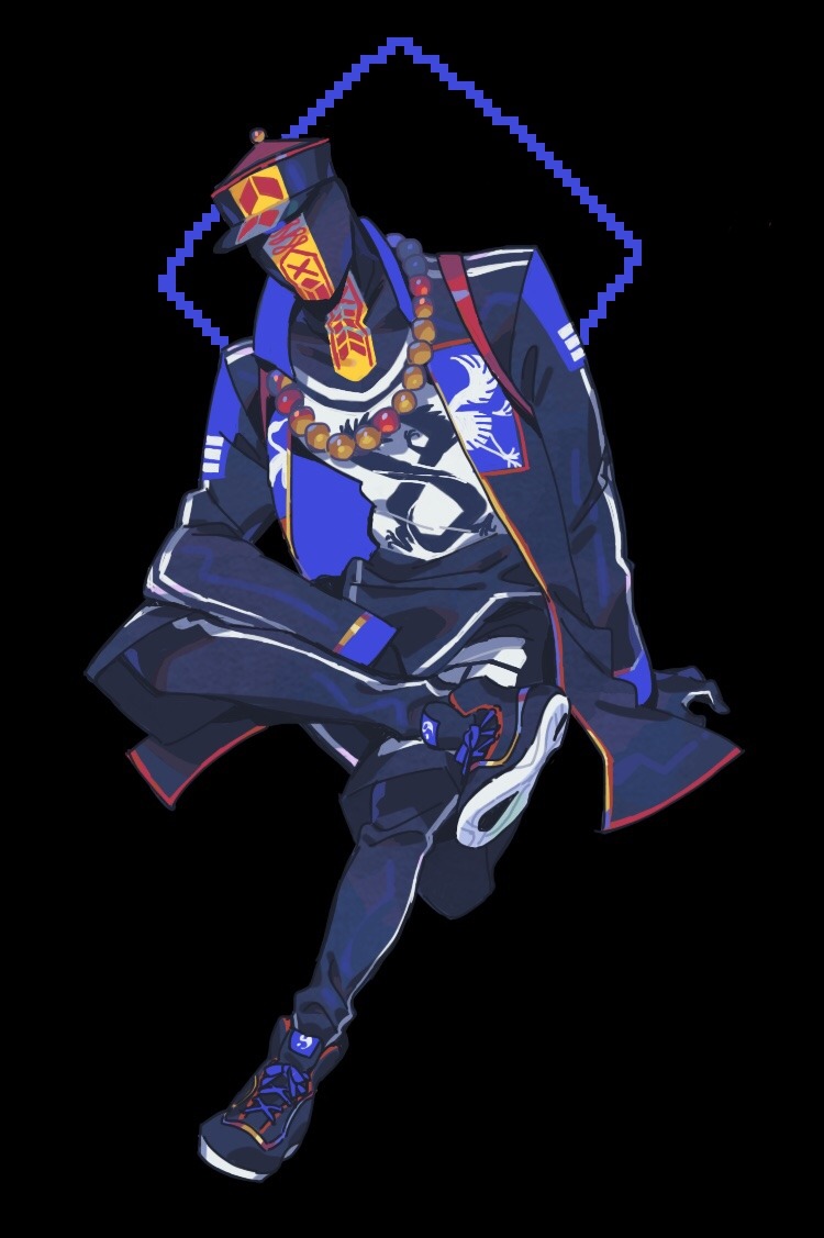 1boy beads black_background black_gloves collarbone gloves hat invisible_chair jacket male_focus multicolored multicolored_clothes multicolored_gloves multicolored_hair oimo_(14sainobba) original shoes shorts simple_background sitting sneakers solo talisman white_gloves