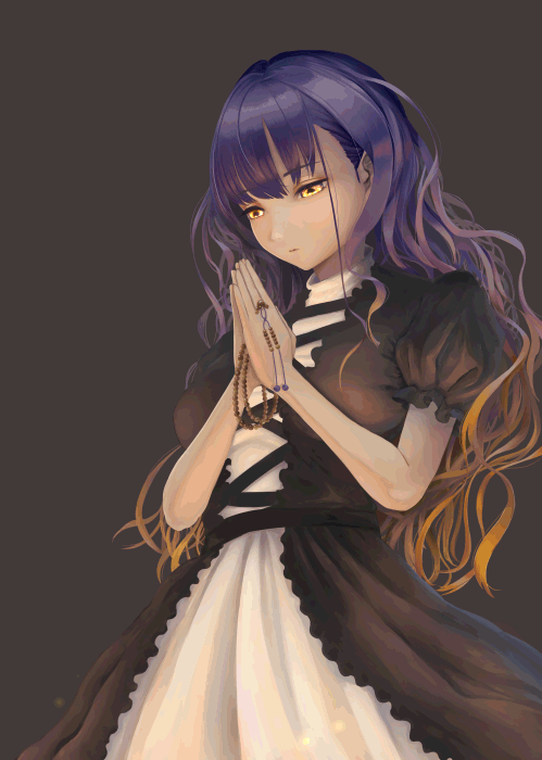 1girl animated animated_gif bangs beads brown_hair cape commentary cross-laced_clothes dress expressionless eyes fire gradient_hair grey_background hijiri_byakuren layered_dress lennard_hirao long_hair looking_down multicolored_hair prayer_beads praying purple_hair simple_background solo squinting touhou two-tone_hair undefined_fantastic_object wavy_hair white_dress wind yellow_eyes