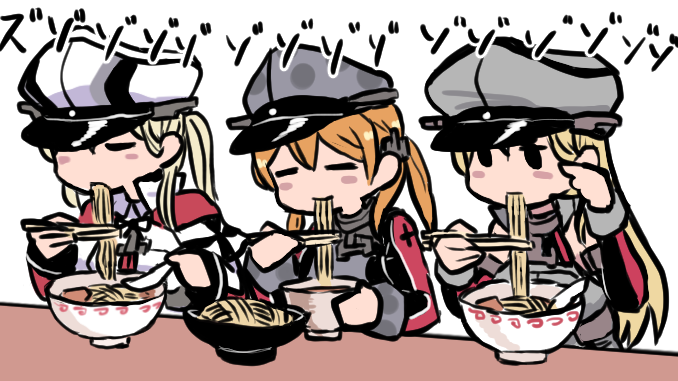 3girls anchor anchor_hair_ornament bangs bismarck_(kantai_collection) blonde_hair blush blush_stickers bowl breasts capelet chopsticks closed_eyes detached_sleeves eating food graf_zeppelin_(kantai_collection) hair_ornament hat holding holding_chopsticks kantai_collection long_hair long_sleeves multiple_girls noodles peaked_cap prinz_eugen_(kantai_collection) simple_background terrajin twintails white_background