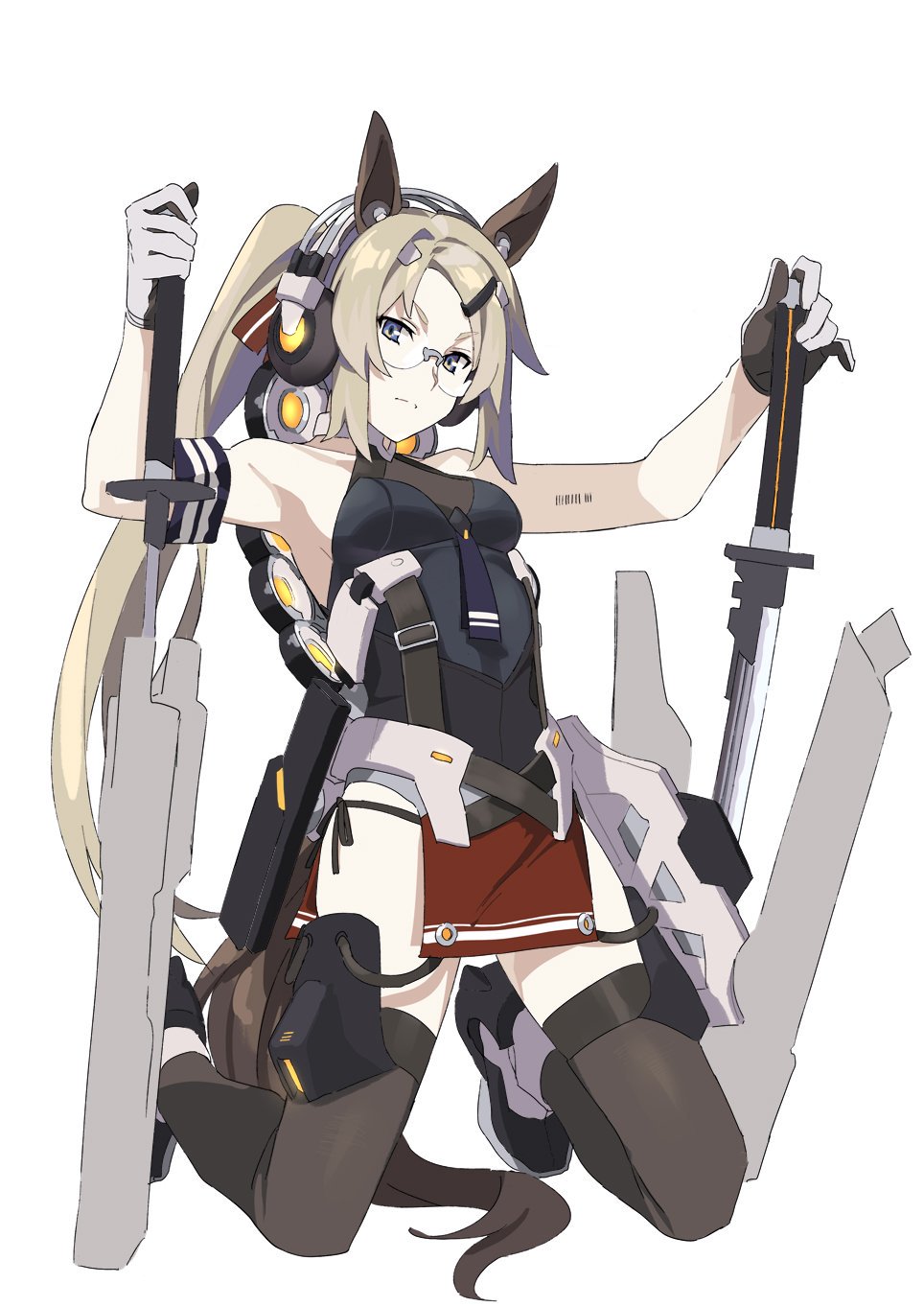 1girl animal_ears barcode_tattoo blue_eyes character_request copyright_request dual_wielding glasses headphones highres holding horse_ears horse_tail katana long_hair ningen_(ningen96) platinum_blonde_hair ponytail scabbard sheath sleeveless solo sword tail tattoo thigh-highs weapon