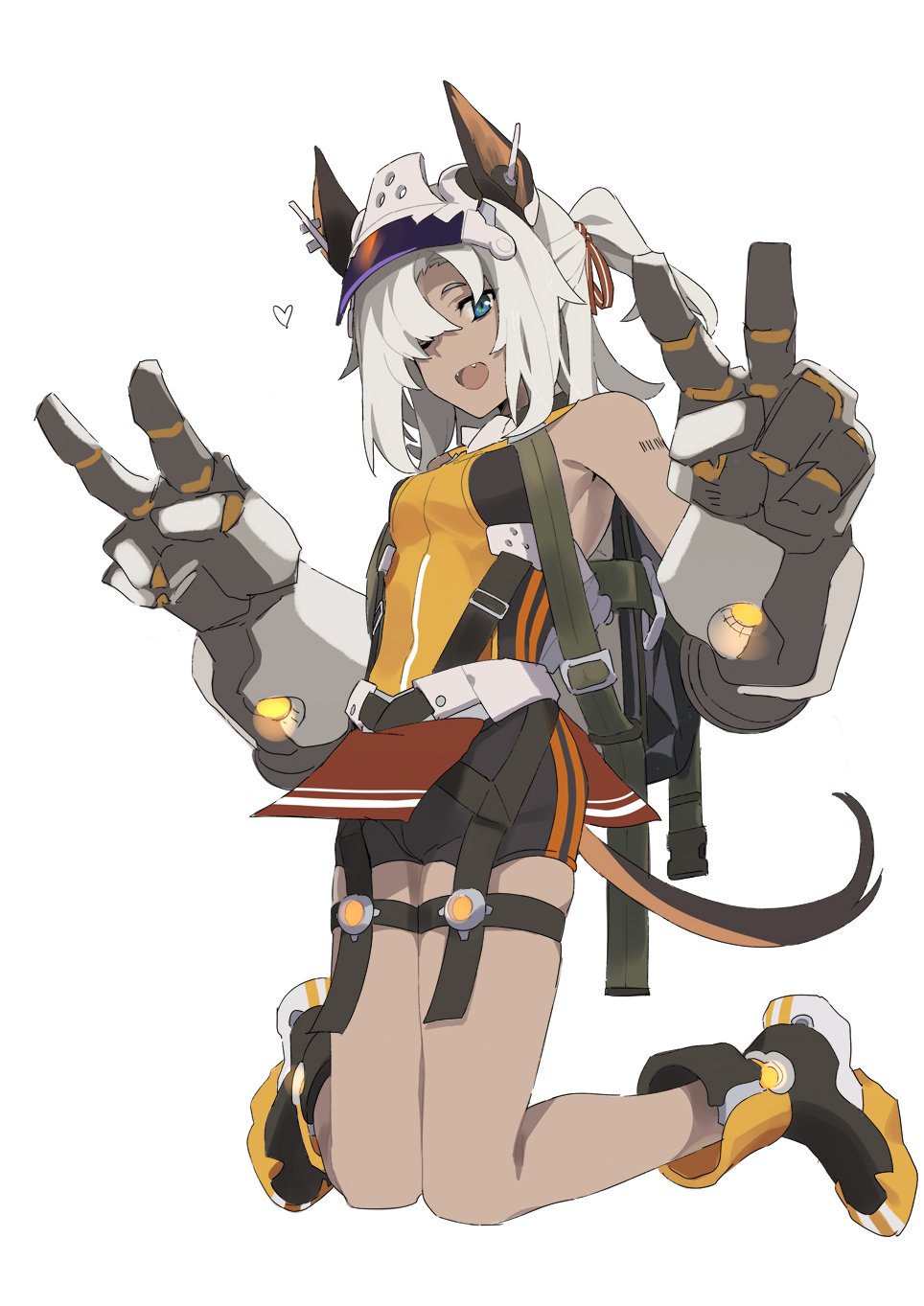 1girl animal_ears barcode_tattoo blue_eyes boots character_request commentary_request copyright_request gauntlets giant_fist highres ningen_(ningen96) ponytail short_hair shorts solo tail tan tattoo v white_hair