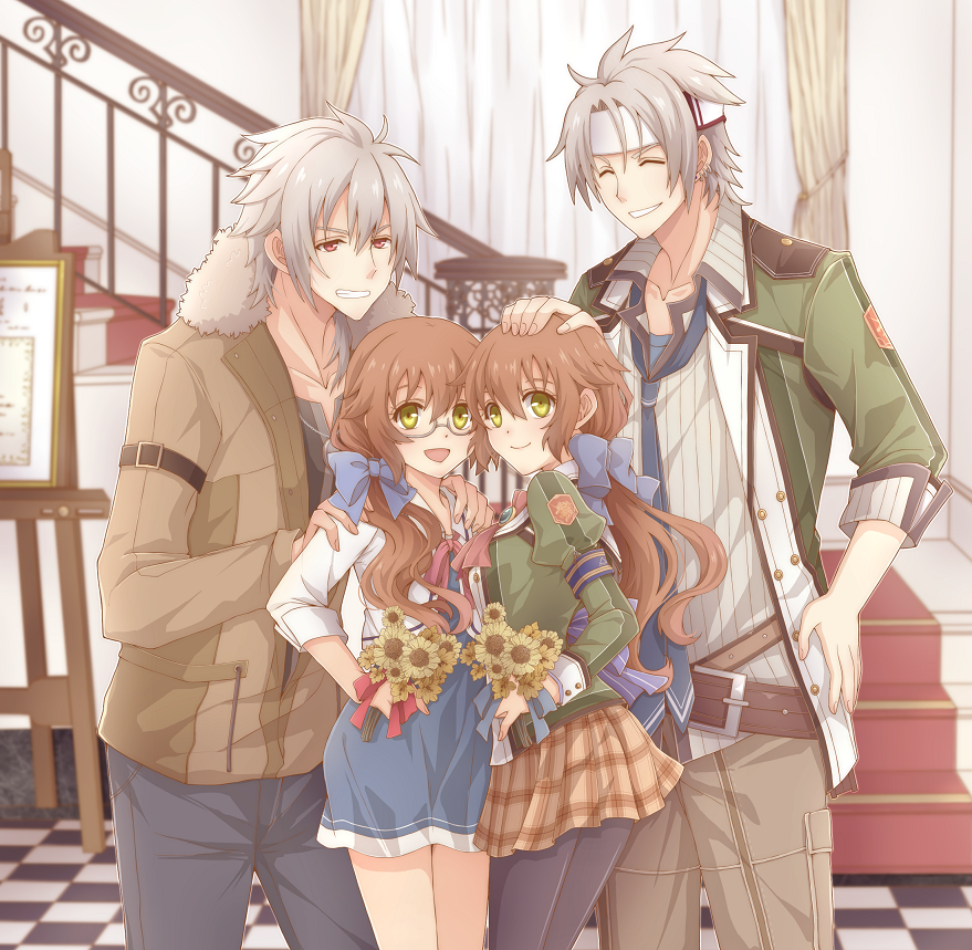 2boys 2girls :d aono_(aonocrotowa) armband belt belt_buckle black_legwear black_pants blue_bow blue_dress blue_neckwear bow brown_belt brown_jacket brown_pants brown_skirt buckle checkered checkered_floor closed_eyes collarbone collared_shirt dress earrings eiyuu_densetsu fur-trimmed_jacket fur_trim glasses green_eyes green_jacket grey_shirt grin hair_bow hands_on_another's_shoulders headband indoors jacket jewelry long_sleeves miniskirt multiple_boys multiple_girls open_clothes open_jacket open_mouth pants pantyhose petting plaid plaid_skirt pleated_skirt rean_schwartzer red_eyes school_uniform semi-rimless_eyewear sen_no_kiseki shirt short_dress short_hair silver_hair skirt smile stairs striped striped_shirt towa_herschel under-rim_eyewear vertical-striped_shirt vertical_stripes white_headband white_jacket wing_collar