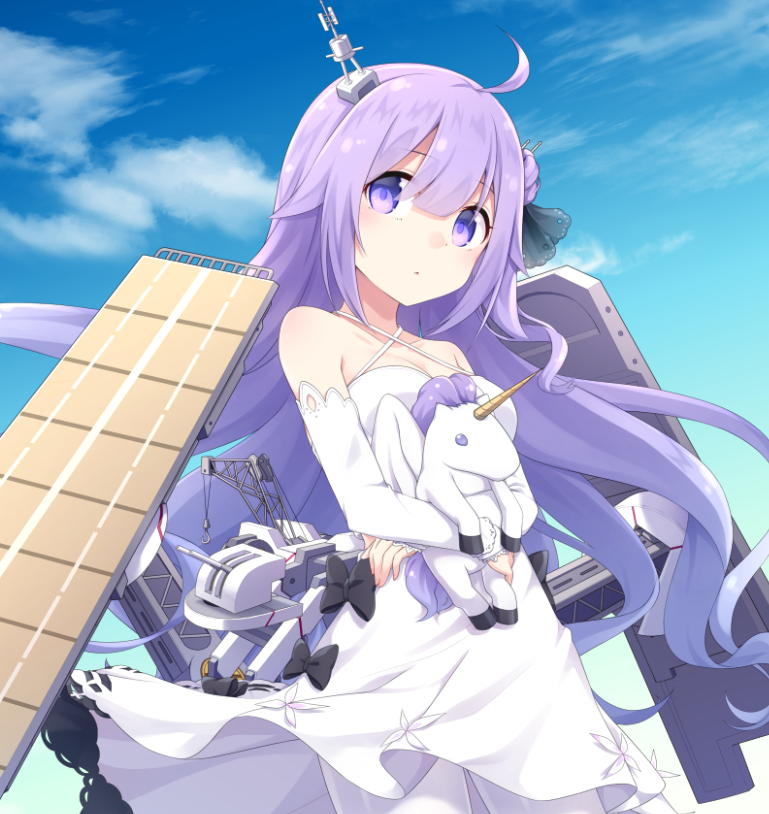 1girl ahoge azur_lane blue_sky cannon commentary cowboy_shot day dress dress_bow elbow_gloves flight_deck gloves hair_ornament halter_dress long_hair nogisaka_kushio pantyhose purple_hair rigging sky solo standing stuffed_alicorn turret unicorn_(azur_lane) very_long_hair violet_eyes white_dress white_gloves white_legwear