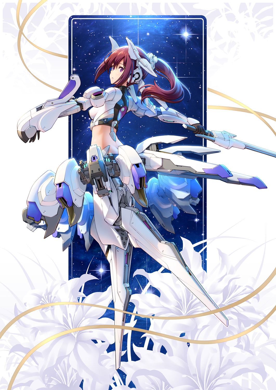 1girl alice_gear_aegis brown_hair eyebrows_behind_hair flower full_body highres holding holding_sword holding_weapon lily_(flower) looking_back mecha_musume mechanical_tutu night night_sky nikotama_mai pinakes sky solo star sword thrusters violet_eyes weapon