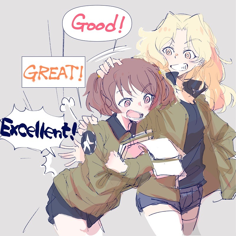 2girls afterimage alisa_(girls_und_panzer) bangs black_shirt black_shorts blonde_hair blue_eyes blue_shorts brown_eyes brown_hair brown_jacket commentary denim denim_shorts emblem english_text eyebrows_visible_through_hair freckles frown girls_und_panzer grey_background grin hair_intakes hair_ornament hand_in_pocket hand_on_another's_back hand_on_another's_head hand_on_another's_shoulder jacket kay_(girls_und_panzer) leaning_forward long_hair long_sleeves looking_at_another military military_uniform mituki_(mitukiiro) motion_lines multiple_girls open_clothes open_jacket open_mouth saunders_military_uniform shirt short_hair short_shorts short_twintails shorts sketch smile standing star star_hair_ornament thigh-highs twintails uniform white_legwear