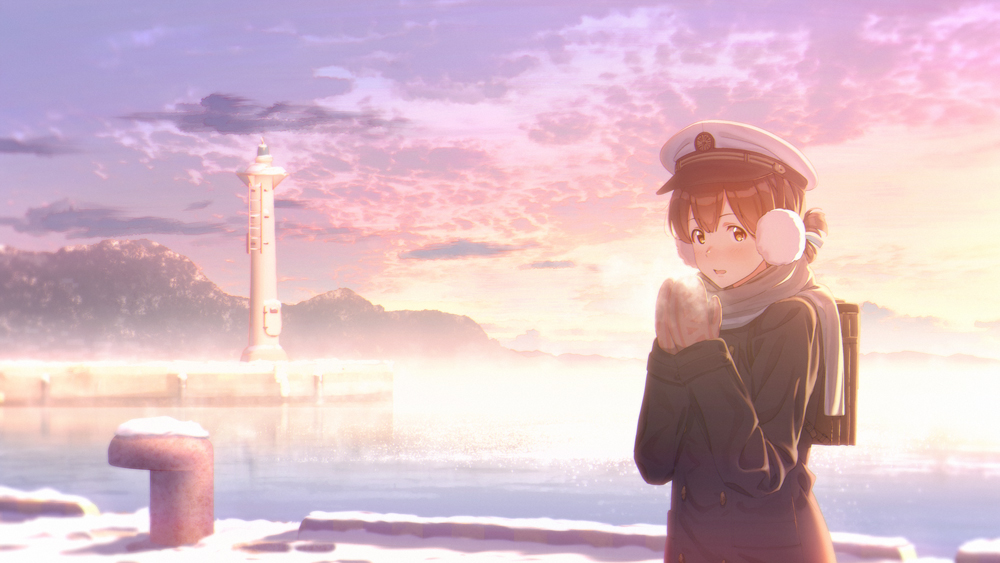 1girl alternate_costume backpack bag bangs black_coat black_hair blue_ribbon breath brown_eyes clouds commentary_request earmuffs folded_ponytail gradient_sky hair_ribbon hat kantai_collection kasuga_maru_(kantai_collection) key_kun lighthouse long_hair mittens outdoors peaked_cap ribbon scenery sky solo sunrise swept_bangs taiyou_(kantai_collection) white_headwear winter_clothes