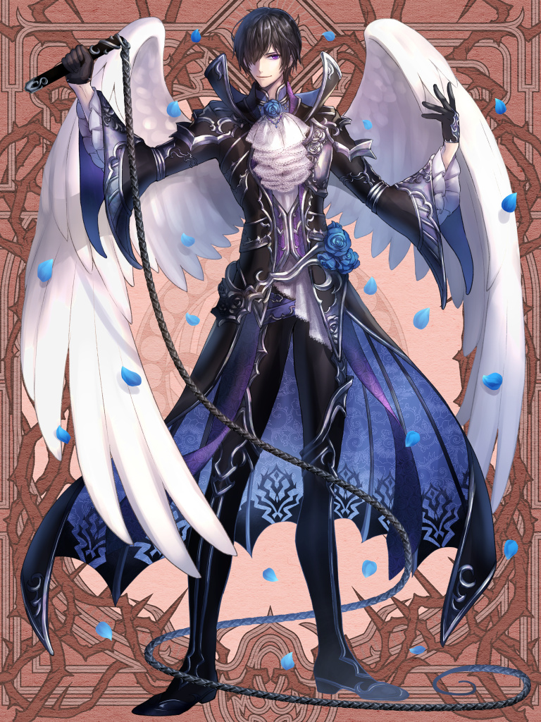 1boy angel_wings black_footwear black_gloves black_hair black_pants blue_flower brown_background commission cravat dairoku_youhei flower full_body gloves hair_over_one_eye hand_up hi-na1 holding holding_weapon looking_at_viewer male_focus pants petals simple_background solo standing violet_eyes weapon whip white_neckwear white_wings wings