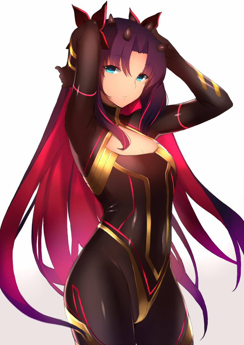 1girl arms_up bangs black_bodysuit black_bow blue_eyes bodysuit bow cleavage_cutout closed_mouth commentary_request covered_navel cowboy_shot eyebrows_visible_through_hair fate/grand_order fate_(series) flat_chest gradient gradient_background hair_bow horns long_hair looking_at_viewer multicolored_hair parted_bangs pink_hair purple_hair saisarisu skin_tight solo space_ishtar_(fate) two-tone_hair two_side_up very_long_hair white_background