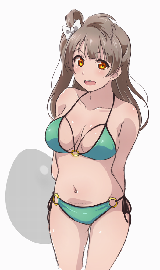 1girl arms_behind_back ascii_media_works bangs bikini bow breasts bushiroad collarbone commentary_request cowboy_shot cute green_bikini grey_background grey_hair hair_bow halterneck long_hair looking_at_viewer love_live! love_live!_school_idol_project medium_breasts minami_kotori navel o-ring o-ring_bikini one_side_up open_mouth orange_eyes side-tie_bikini solo sunrise_(studio) swimsuit turkey_min white_bow