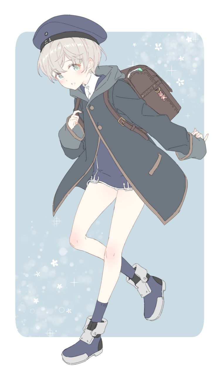 1girl anchor backpack bag bangs blue_dress blue_eyes blue_footwear blue_legwear blush clothes_writing coat dress full_body hat highres hood hood_down hooded_coat kantai_collection sailor_dress sailor_hat shiosoda shoes short_hair silver_hair simple_background socks solo z1_leberecht_maass_(kantai_collection)