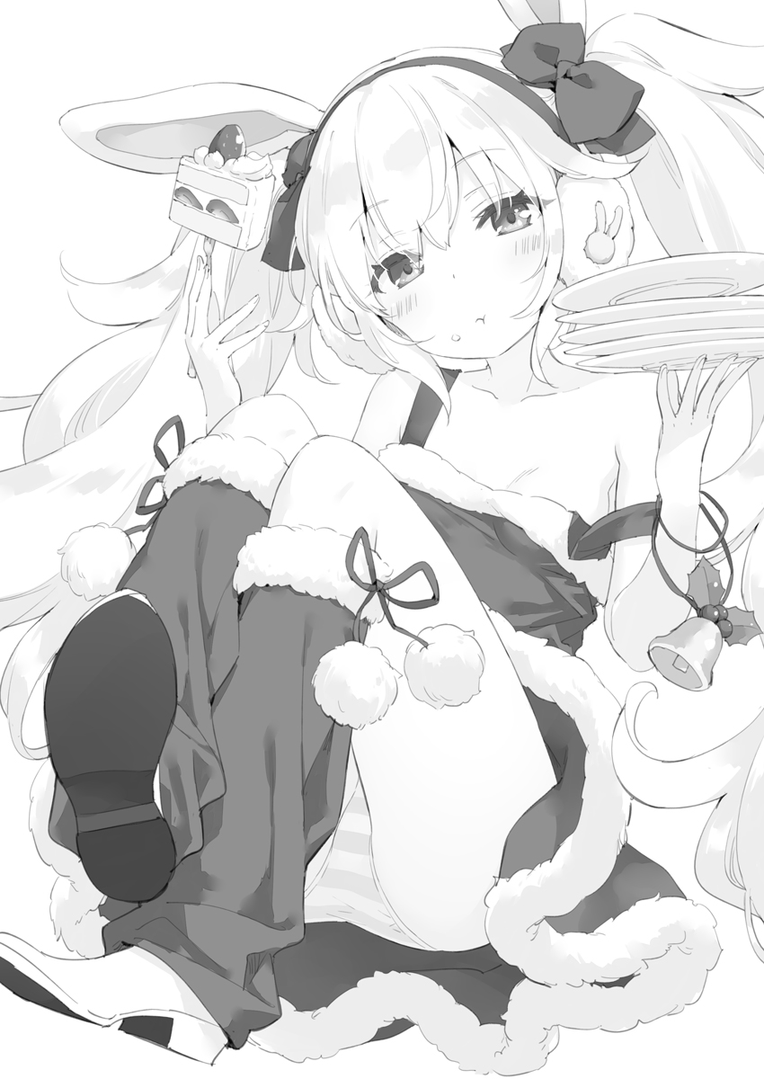 1girl :t animal_ears azur_lane bangs bare_shoulders bell blush bow breasts cake closed_mouth commentary_request dress earmuffs eating eyebrows_visible_through_hair food food_on_face fork fruit fur-trimmed_dress fur-trimmed_legwear fur_trim greyscale hair_between_eyes hair_bow highres holding holding_fork holding_plate knees_up laffey_(azur_lane) long_hair monochrome panties peko plate rabbit_ears shoe_soles shoes simple_background sleeveless sleeveless_dress slice_of_cake small_breasts solo strap_slip strawberry striped striped_panties twintails underwear very_long_hair white_background