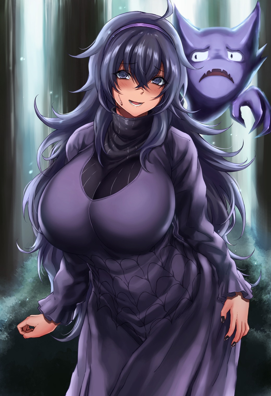 1girl @_@ al_bhed_eyes bags_under_eyes blush breasts dress gen_1_pokemon hairband haunter hex_maniac_(pokemon) highres hikari_(komitiookami) large_breasts long_dress long_hair looking_at_viewer messy_hair muffin_top outdoors pokemon pokemon_(creature) pokemon_(game) pokemon_xy purple_hair purple_hairband revision ribbed_sweater shiny shiny_hair shiny_skin solo standing stomach sweater violet_eyes
