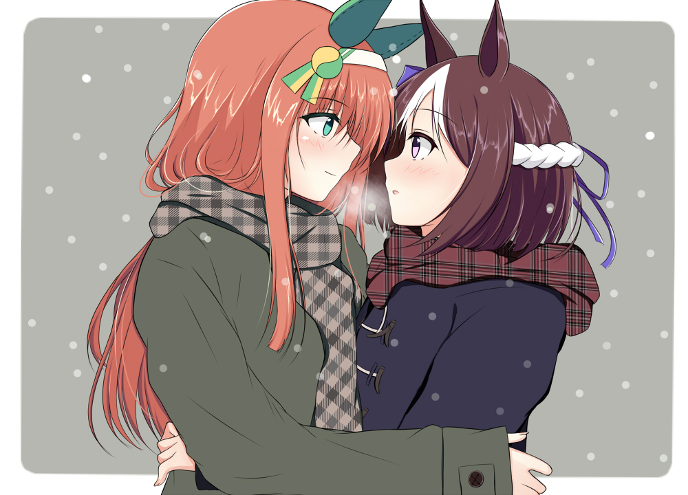 2girls :o animal_ears bangs blue_eyes blue_jacket blush breath brown_hair brown_scarf closed_mouth commentary_request ensaiburi eye_contact eyebrows_visible_through_hair green_jacket grey_background grey_scarf hair_between_eyes hairband horse_ears jacket long_hair long_sleeves looking_at_another multicolored_hair multiple_girls parted_lips plaid plaid_scarf profile scarf silence_suzuka sleeves_past_wrists smile special_week streaked_hair two-tone_background umamusume violet_eyes white_background white_hair white_hairband