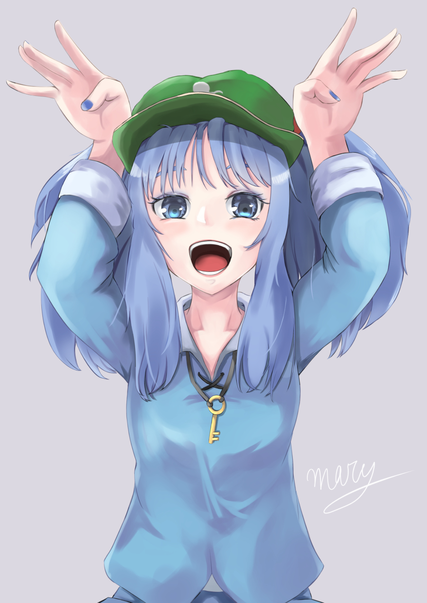 1girl :d arms_up artist_name bangs blue_eyes blue_hair blue_nails blue_shirt cabbie_hat commentary_request green_headwear grey_background hat highres kawashiro_nitori key long_hair long_sleeves looking_at_viewer merii_(merysann) nail_polish open_mouth shirt sidelocks signature simple_background smile solo touhou twintails upper_body