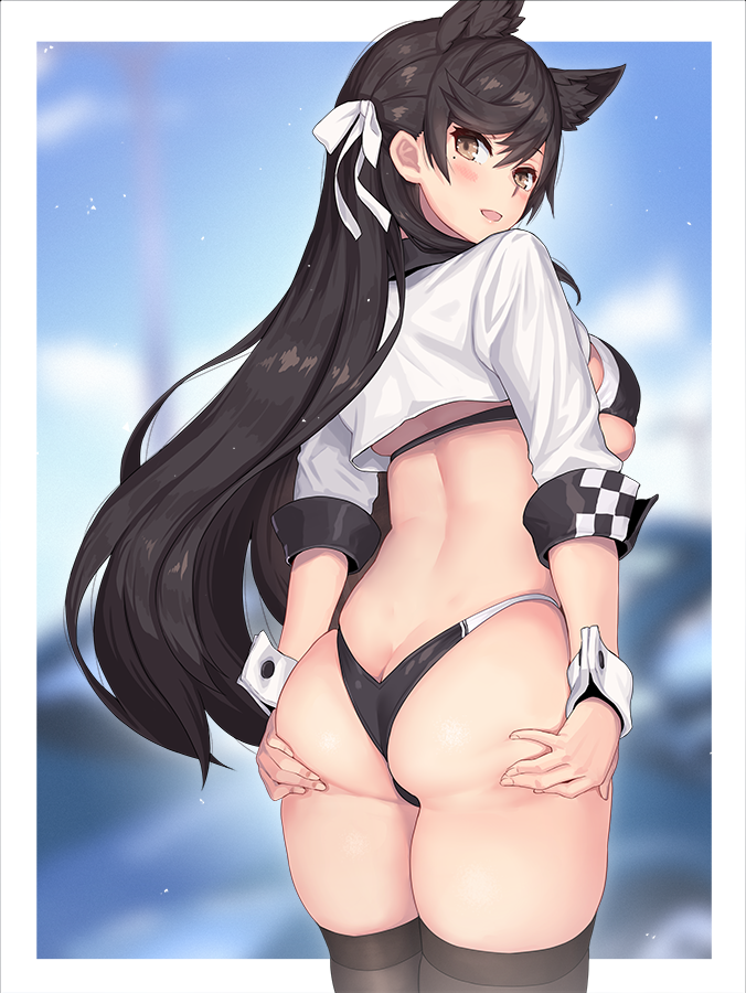 1girl 2d animal_ears ass atago_(azur_lane) azur_lane backboob bangs bikini black_bikini black_hair black_legwear black_panties blurry blurry_background blush border breasts brown_eyes cropped_jacket female_ass from_behind hair_ribbon hand_on_own_ass jacket large_breasts long_hair looking_at_viewer looking_back mole mole_under_eye open_mouth outside_border panties racequeen ribbon sidelocks skindentation sleeves_rolled_up solo swept_bangs swimsuit thigh-highs underwear upper_body white_border white_jacket white_ribbon wrist_cuffs