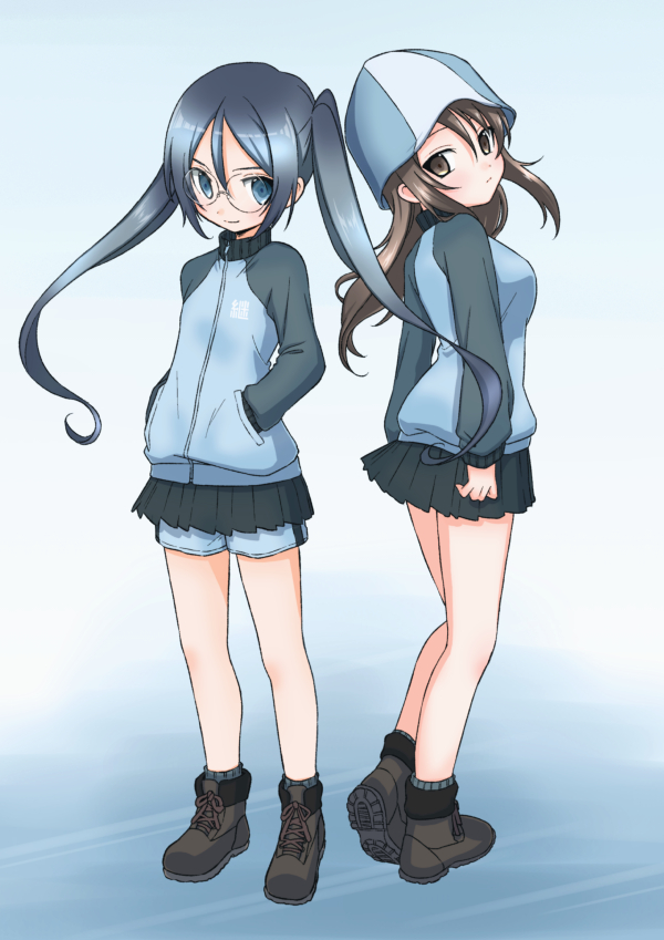 2girls alternate_hair_length alternate_hairstyle ankle_boots ankoku_no_ojisan back-to-back black-framed_eyewear blue_footwear blue_headwear blue_jacket blue_shorts blue_skirt boots brown_eyes brown_hair closed_mouth commentary emblem from_behind full_body girls_und_panzer glasses grey_eyes grey_hair grey_legwear gym_shorts hands_in_pockets hat heel_up jacket keizoku_military_uniform light_frown long_hair long_sleeves looking_at_viewer looking_back mika_(girls_und_panzer) military military_uniform miniskirt multiple_girls pleated_skirt raglan_sleeves round_eyewear rumi_(girls_und_panzer) school_connection short_hair shorts shorts_under_skirt single_vertical_stripe skirt smile socks standing track_jacket twintails uniform younger