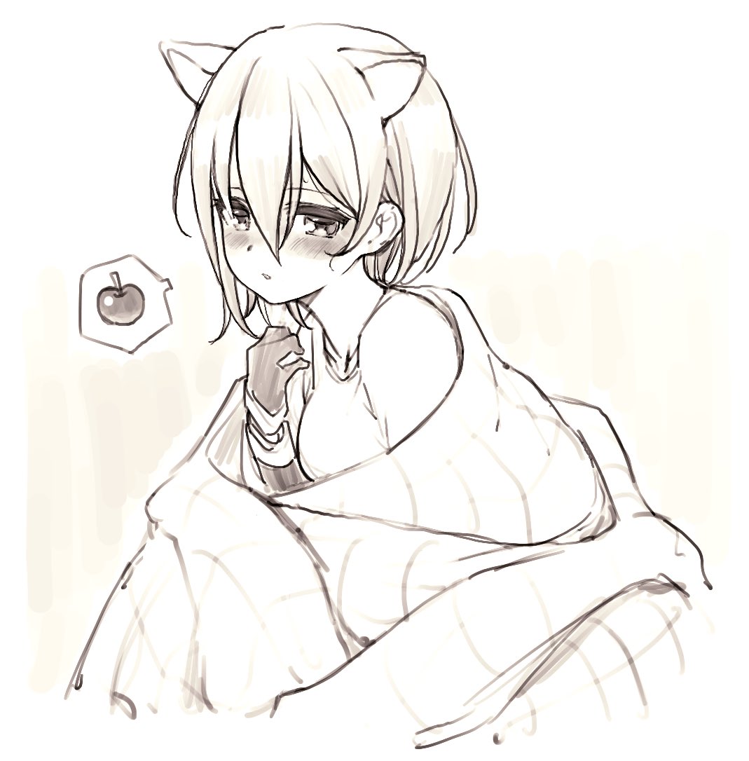 1girl animal_ears apple bangs blanket blush breasts brown_hair cat_ears collarbone commentary food fruit gloves greyscale hololive looking_at_viewer medium_breasts monochrome nosir_onadat parted_lips roboco-san roboco_ch. shirt short_hair solo spoken_food upper_body virtual_youtuber yellow_eyes