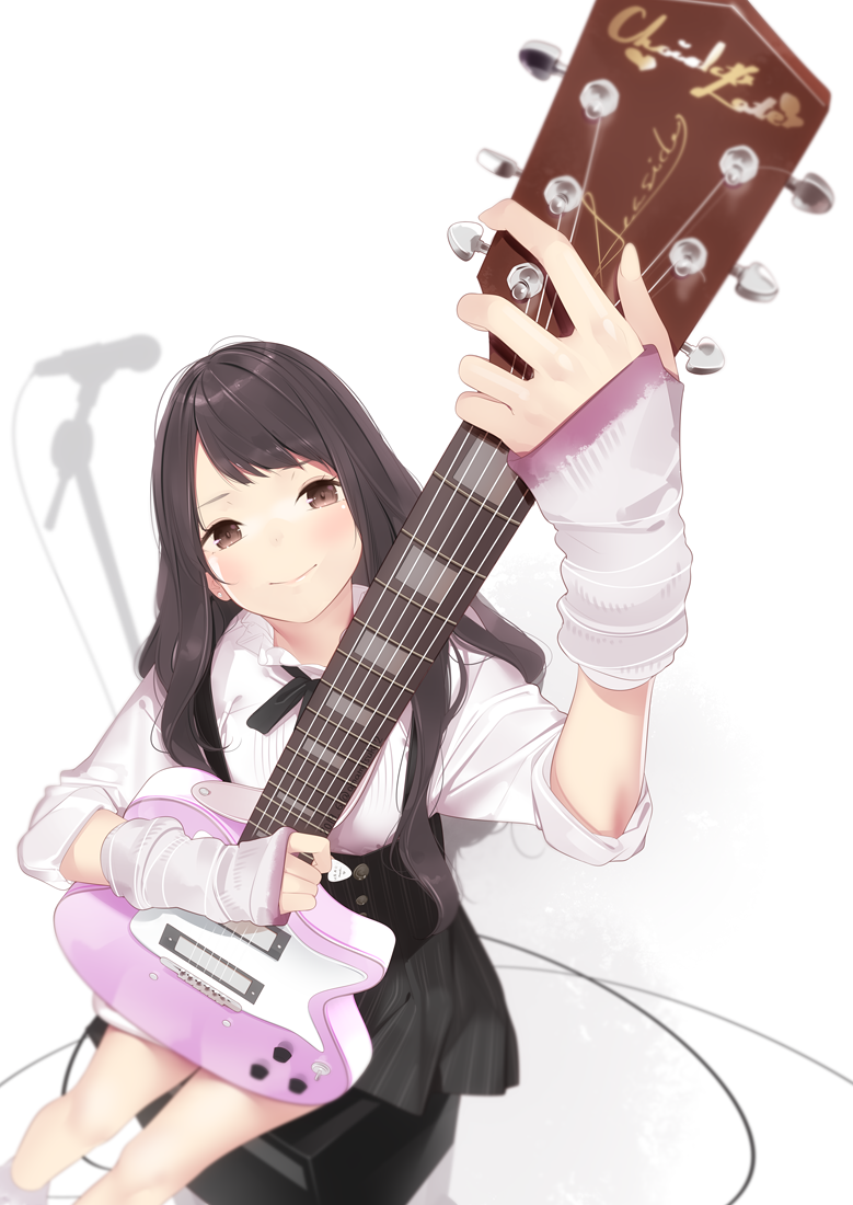 1girl ama_mitsuki amplifier arm_warmers bangs black_skirt blush brown_eyes brown_hair closed_mouth commentary electric_guitar english_commentary eyebrows_visible_through_hair from_above guitar instrument long_hair long_sleeves looking_up music neckerchief original playing_instrument plectrum revision shirt simple_background sitting skirt sleeves_rolled_up smile solo white_background white_shirt