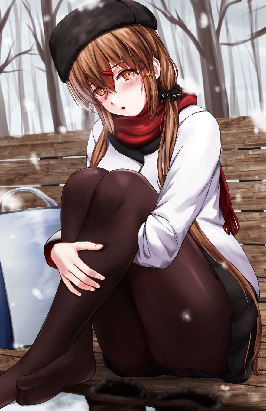 1girl alternate_costume bag black_bow black_headwear black_legwear black_skirt blush bow branch brown_eyes brown_hair coat eyebrows_visible_through_hair fur_trim hair_between_eyes hair_bow hair_ornament hairclip hat highres jacket kantai_collection long_hair long_sleeves looking_at_viewer low_twintails pantyhose papakha red_scarf sabakuomoto scarf shopping_bag sitting skirt snowing solo tashkent_(kantai_collection) tree twintails white_jacket winter winter_clothes winter_coat