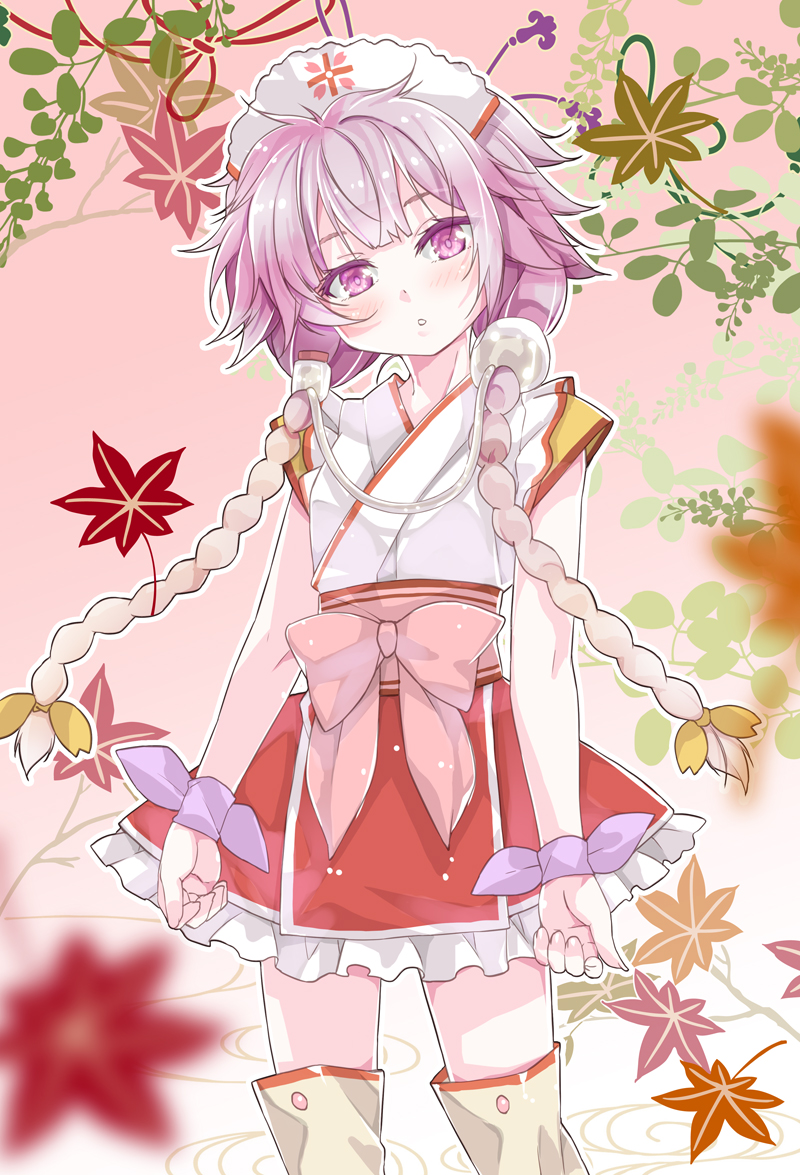 1girl :o amazake_(cafe-chan_to_break_time) autumn_leaves bangs blurry blurry_foreground braid brown_legwear cafe-chan_to_break_time commentary_request depth_of_field eyebrows_behind_hair frilled_skirt frills hair_ornament japanese_clothes kimono leaf long_hair looking_at_viewer maple_leaf parted_lips porurin purple_hair purple_ribbon red_skirt ribbon skirt sleeveless sleeveless_kimono solo thigh-highs twin_braids very_long_hair violet_eyes white_kimono wrist_ribbon