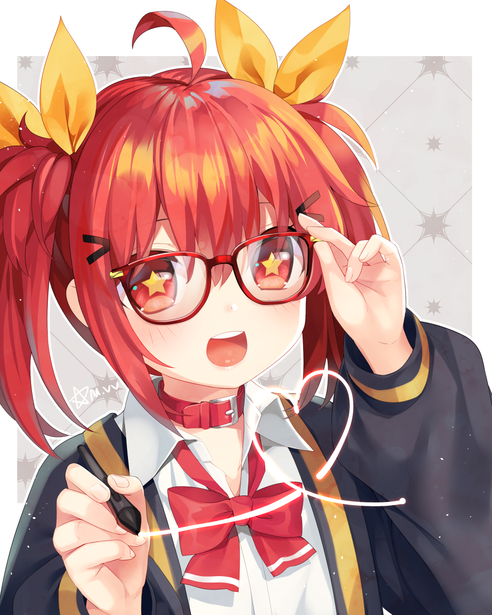 1girl :d ahoge bangs black_jacket bow collar collared_shirt commentary_request dress_shirt eyebrows_visible_through_hair glasses hair_between_eyes hair_ribbon heart highres holding holding_stylus jacket long_sleeves mvv open_clothes open_jacket open_mouth orange_ribbon original puffy_long_sleeves puffy_sleeves red-framed_eyewear red_bow red_collar red_eyes redhead ribbon round_teeth shirt signature smile solo star star-shaped_pupils stylus symbol-shaped_pupils teeth twintails upper_teeth vivian_(mvv) white_shirt